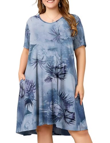 Image of OVERWORETY Womens Short Sleeve Plus Size T-Shirt Dress V Neck Casual Loose Swing A-Line Summer Tunic Dresses with Pockets