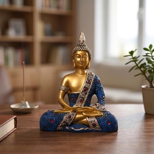 Image of Kuber Industries 6x8 Inch Meditating Sitting Buddha Idol Statue for Living Room | Resin Buddha Showpiece for Home Decor, Office, Temple & Gifting Item | Blue