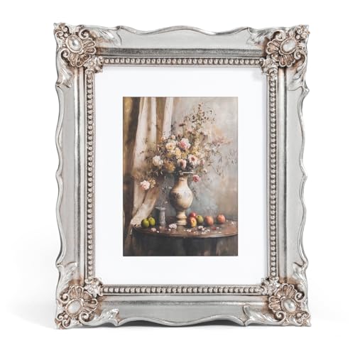 Image of Saysmile 8x10 Vintage Picture Frame with Embossed Flower Design, Silver Ornate Frame for 8x10 or 5x7 Pictures with White Mat, Hand-Crafted Resin Antique Frames for Tabletop & Wall Hanging, Home Decor (Silver)