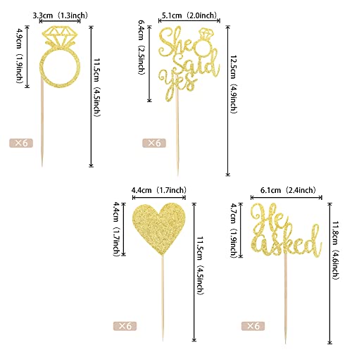 24 Pcs He Asked She Said Yes Cupcake Toppers With Glitter Heart Ring Bachelorette Cupcake Picks Wedding Engagement Bridal Shower Party Cake Decorations Supplies Gold #TOP1