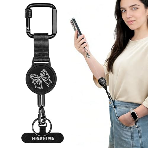 HASFINE Anti-Theft Phone Tether with Retractable Steel Lanyard & Locking Carabiner,Universal Phone Tether Tab,Drop-Proof Strap with Cute Bow Graphic for Daily Commute Shopping Travel