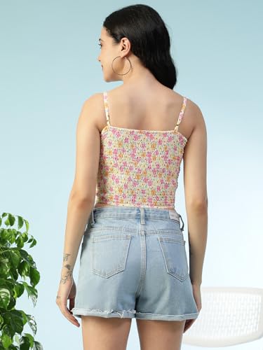 Image of oxolloxo Women Satin Chiffon Print V-Neck Smocked Shoulder Strap Sleeveless Tie-Up Detail Crop Top