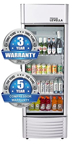 PremiumLevella PRF65DX Glass Door Display Refrigerator 6.5 cu ft Commercial Beverage Cooler Merchandiser With Customizable Lightbox - Silver