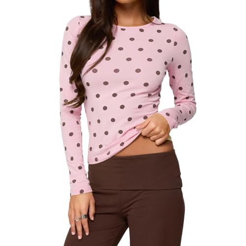Image of Long Sleeve Tops for Women Casual Polka Dots Crew Neck Tee Top Trendy Shirt Going Out Streetwear 2025 Fall Clothes (C-Pink, S)