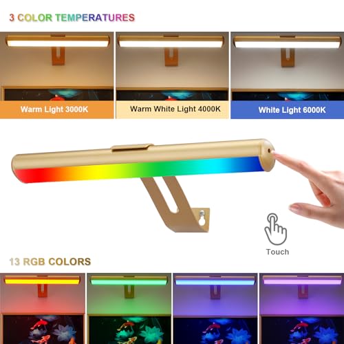 Image of Picture Light, Battery Operated Picture Light with Remote, Rechargeable Picture Frame Light, 32 LED, 16 Color Changing, Art Light for Paintings for Display, Picture-Gold