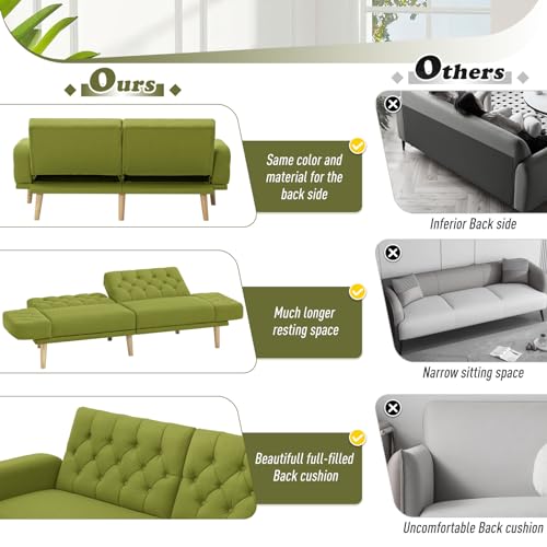 Lesofair 70” Linen Fabric Sofa Bed w/Adjustable Backrests, Convertible Tufted Loveseat Sofa w/Adjustable Armrests, 82” Modern Sleeper Couch with Wooden Legs for Living Room, Grass Green