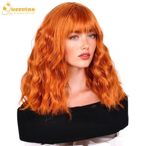 Image of QUEENTAS 12 Inch Short Ginger Bob Wavy Curly Hair Wig for Women Full Head with Bangs Synthetic Diwali Wigs