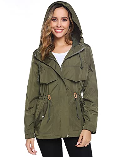 Gyabnw Veste de Pluie Femme Longue Veste Coupe Vent Femme Impermeable Manteau de Pluie Femme avec Capuche Imperméable Femme Légère Pliable Décontracté pour Randonnée Vert Militaire,XL