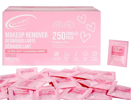 Air Jungles Pink Micellar Makeup Remover Wipes - 25ct Individually Wrapped Travel Size Facial Cleansing Wipes with Vitamin E, Gentle Face Wipes for Sensitive Skin, & Girls