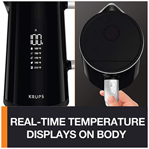Krups Smart Temp Plastic And Stainless Steel Electric Kettle 1.7 Liter Adjustable Temperatures 1500 Watts Digital Control, Double Wall, Fast Boiling, Auto Off, Keep Warm, Cordless Black #TOP2