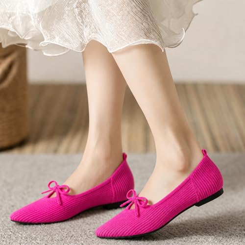 Image of TINGRISE Women's Pointed Toe Flats Comfortable Knit Ballet Shoes Washable Dressy with Bow Business Casual Work Shoes