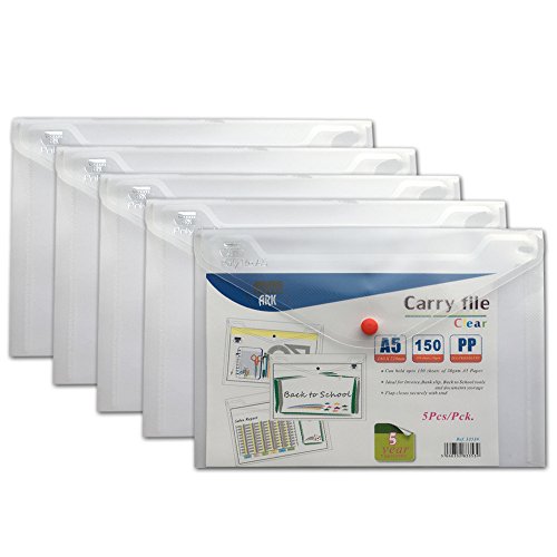 ARK Carry File Popper Wallet File with Press Stud Closure [Pack of 5] (Clear, A5)