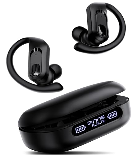 OCC Sport Wireless Earbuds Bluetooth Headphones 96H Playback Premiun Bass Ear Buds with Earhooks Mic LED Power Display Charging Case in-Ear Earphones Headset (Dark Black)