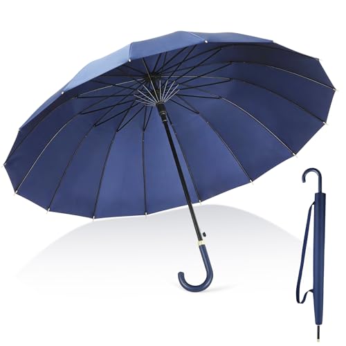 JPILST 傘 メンズ 長傘【高強度16本骨&超大サイズ】雨傘 丈夫なグラスファイバー骨 直径115cm 天盖弧全長130cm かさ ジャンプ傘 大きい ワンタッチ自動開け 耐風傘 革製滑り止めハンドル 紳士傘 軽量 晴雨兼用 豪雨 梅雨対策 台風対応 男女兼用 収納カバー付き