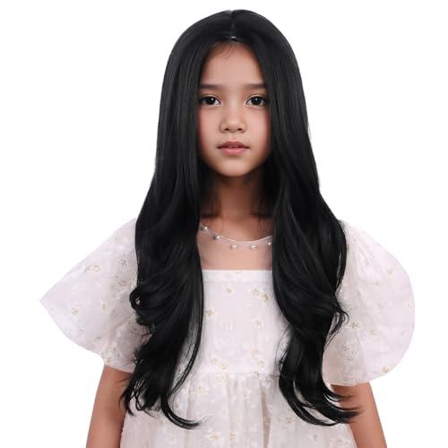 DUDUWIG Black Wigs for Kids Girls Long Black Wavy Curly Wig Long Middle Part Wig Natural Synthetic Hair Wigs with Net Include