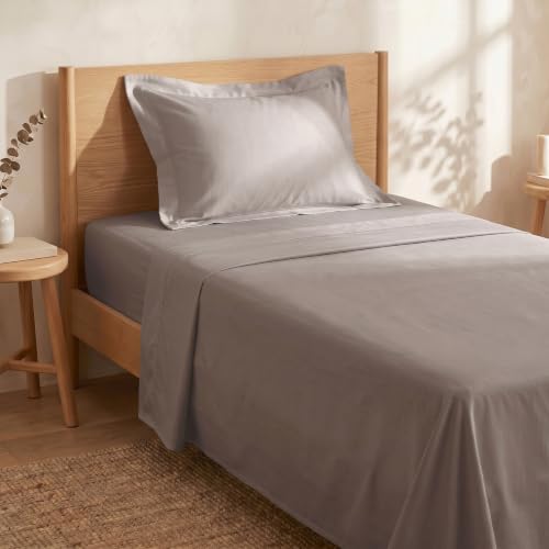 Image of Huesland Premium Pure Cotton Sateen Weave 300 Thread Count Bedsheet for Single Bed with 2 Pillow Covers | Perfect Greige | 88 x 55 inches