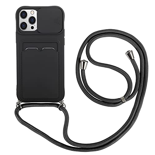 youmehe Funda con Cuerda para iPhone 13 Pro MAX (6.7)+2 Pack Protector Pantalla,Cubierta de Cámara Deslizante Proteger,TPU Silicona Case con Ranura para Tarjetas,Antigolpes Case(Negro) Cover