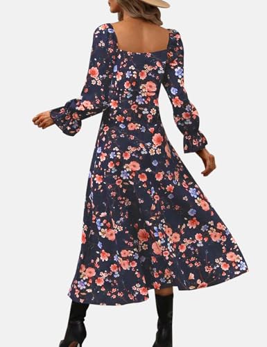 Image of Relipop Women's Long Sleeve Dress Fall Fashion Casual Square Neck Boho Floral Print Split Thigh A Line Party Date Night Maxi Dresses (Blue Pink Floral, Large)