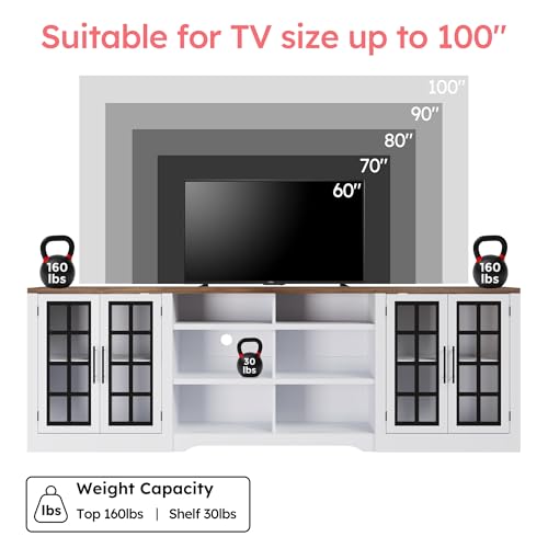 Bobve Farmhouse TV Stand for TVs up to 100\", Modern Entertainment Center with 2 Cabinets and 3-Tier Open Shelves, Rustic TV Console for Living Room, Bedroom, White