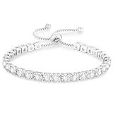 KRKC Adjustable Tennis Bracelet for Women, Cubic Zirconia, 14K White Gold Plated, Elegant Gift for Her, CZ Bracelet for Wife, Birthday & Mother's Day Jewelry with Gift Box (White Gold, 3mm)