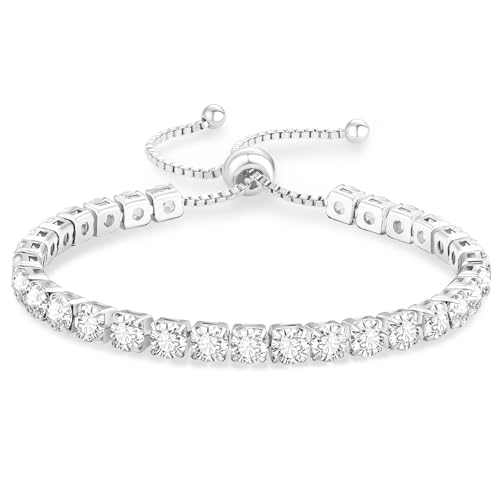 Image of KRKC Adjustable Tennis Bracelet for Women, Cubic Zirconia, 14K White Gold Plated, Elegant Gift for Her, CZ Bracelet for Wife, Birthday & Mother's Day Jewelry with Gift Box (White Gold, 4mm)