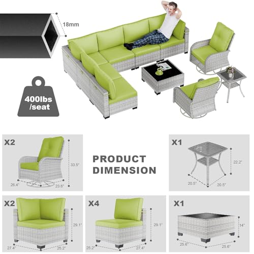 Image of 10-Piece Patio Furniture Set, Outdoor Patio Furniture with Swivel Chairs Set, Thick Cushions, Modular Patio Sofa, Dual-Strand Rattan, Rust-Resistant Frame, Grass Green