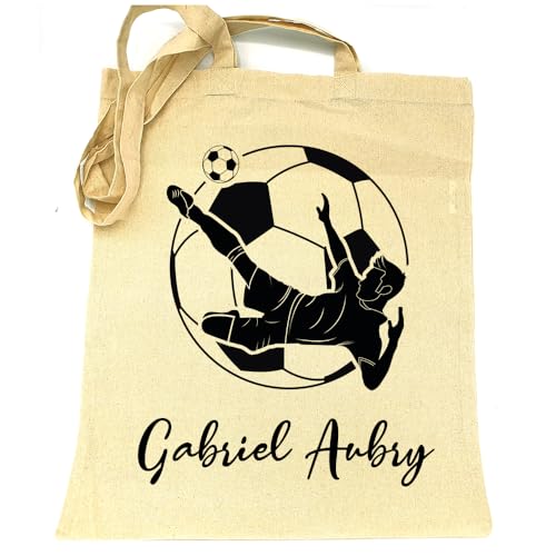Sac en tissu 100% coton avec 2 longues anses grand tote bag cabas en jute pour enfant loisir école jouet doudou à personnaliser avec le prénom nom (Ballon de Foot)