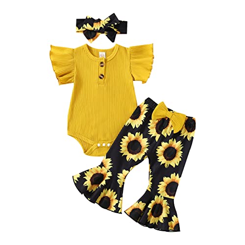 Newborn Infant Baby Girl Clothes Ribbed Ruffle Sleeveless Romper Top+Leopard/Stripes/Sunflowers Flared Pant Summer Outfits（Sunflowers,0-3 Months） #TOP6