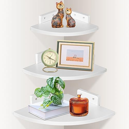 Set of 3 Corner Floating Shelves Wall Mounted, Wood White