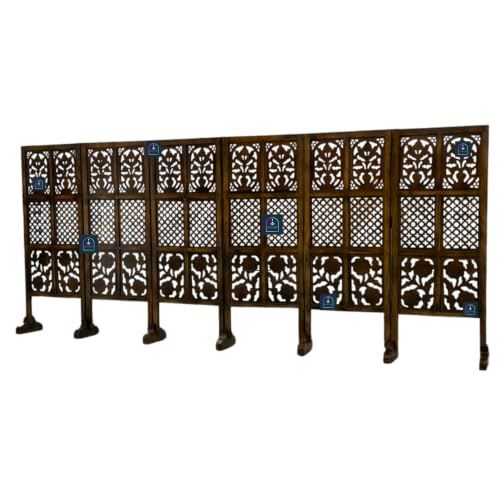 Image of Wooden Room Partition Screen with Burnt Wood Finish | Hand Buffed Traditional Handicraft Room Divider | Indoor Room Separator | Puja Room Divider (6 Panel 4 Feet with Stands)