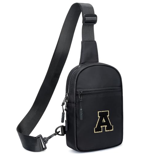 KKXIU Gifts for 6 7 8 9 10 11 12 Year Old Girls Initial Sling Bag Trendy Crossbody Fanny Pack for Teens (A, Black)