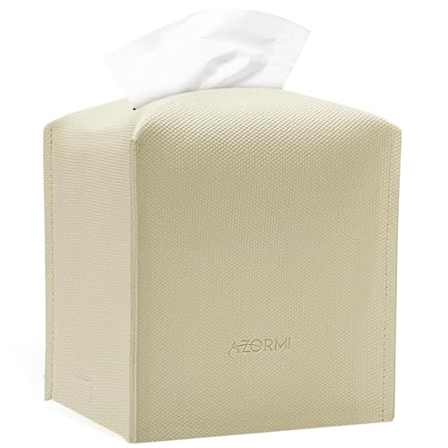 Tissue Box Cover, PU Leather Tissue Box Holder with Bottom Belt, Modern Square Tissue Box Covers with Wide Opening (Beige, Woven Patterns)