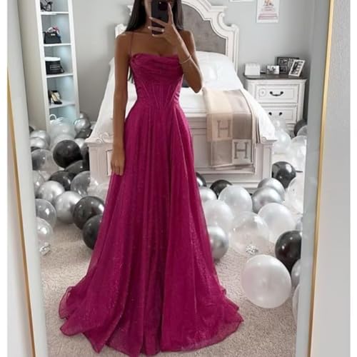Glitter Tulle Prom Dresses for Women Long 2024 Spaghetti Straps Cocktail Party Dress with Slit4