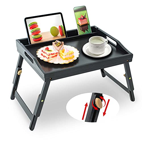 Bed Tray Table For Eating - Bamboo Breakfast Food Table With Phone Tablet Holder - Adjustable Height Black Serving Tray With Folding Legs On Lap Sofa - Portable Laptop Snack Platter For Bedroom Picnic #TOP5