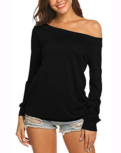 Casual Tops for Women Long Sleeve Boat Neck Off Shoulder Blouse Tshirts (M,Black)