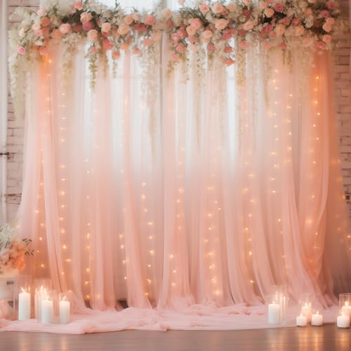 10×8ft Peach Tulle Curtain Backdrop with Lights String for Parites, Sheer Backdrop Curtain Drapes for Wedding Photo Baby Shower Photography Birthday Party by Wish Care - Used condition - US$7.98