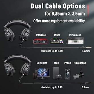 FIFINE Studio Monitor Headphones for Recording-Over-Ear Wired Headphones for Podcast Monitoring, Streaming Comfortable Equipment with Detachable Cables 3.5mm or 6.35mm Jack, Black, on PC/Mixer-H8