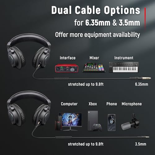 FIFINE Studio Monitor Headphones for Recording-Over-Ear Wired Headphones for Podcast Monitoring, Streaming Comfortable Equipment with Detachable Cables 3.5mm or 6.35mm Jack, Black, on PC/Mixer-H8