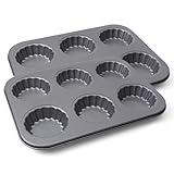 Sinsanye 2 Pack Mini Tart Pan, 2.75' Egg Tart Molds 6-Cavity Non Stick Fluted Mini Tart Mould, Reusable Quiche Bakeware Carbon Steel for Pies, Quiche, Cheese Cakes, Desserts(Not Included Cutting Mold)