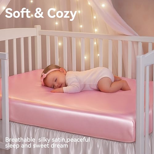 Image of 2 Pack Satin Crib Sheets Girl, Silky Baby Sheet 52''x28''x8'' Great for Sensitive Hair, Fitted Toddler Bed Cover (Pink & Purple)