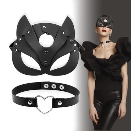 Aurasky Mascara Catwoman, Choker Corazón, Mascara Halloween, Máscara de Cuero