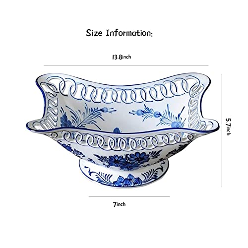 Ktol Hand-Painted Blue And White Porcelain Ceramic Fruit Plate,Oriental Floral Pattern Fruit Plate Chinese High-Foot Ceramic Fruit Plate Decorative Bowls For Home Decor,Large- Large (Ziymf-001) #TOP4