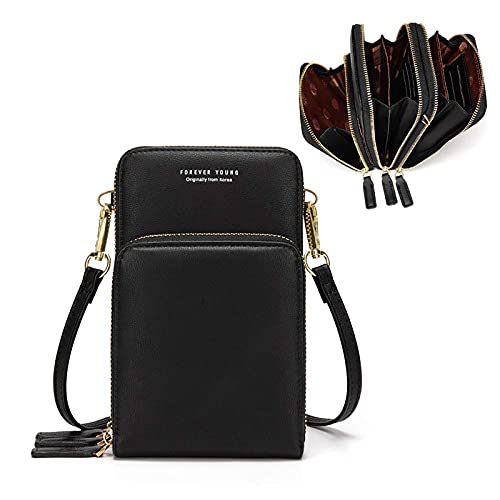 Women Small Crossbody Phone Bag, Mini Shoulder Handbags Cellphone Wallet Purse with Credit Card Slots (Black)