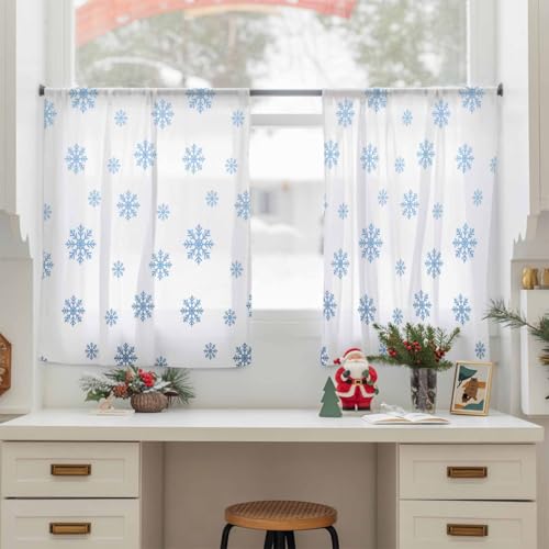 Christmas Sheer Curtains 54 Inch Length 2 Panels Set, Xmas Blue Snowflakes Semi Transparent Voile Rod Pocket Curtains for Living Dining Room Bedroom Drapes Winter Modern Minimalist 52'' x 54'' x2