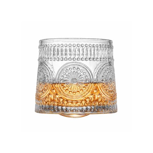 Image of Spinny Whiskey Glasses Set | Rotatable Heavy Base Tumbler Crystal Glass Cups, Glasses with Creative Coasters | Perfect for Scotch, Bourbon, Juice, Water, Cocktails (150 ml - Design C with Coaster)