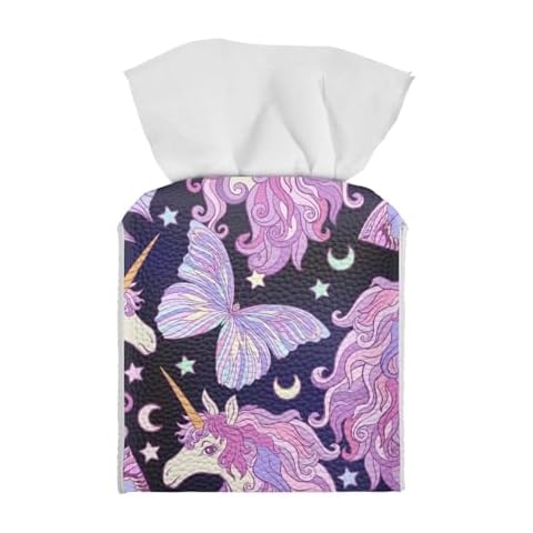 JooMeryer PU Leather Tissue Box Cover Purple Butterfly Unicorn Moon Stars Printed Tissue Cube Box Decorative Tissue Holder,Purple Butterfly Unicorn Cover