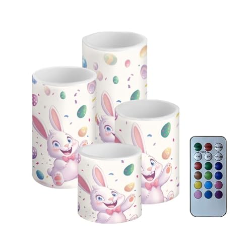 Merkmak Battery Operated Candles with Timer Bunny Easter Eggs Flameless LED Candles with Remote Color Changing for Outdoor Larterns, Porch Electric Fake Plastic Pillar Lights Bulk Set of 4