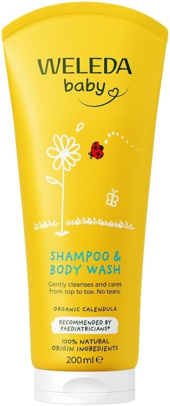 Baby Shampoo & Body Wash w. Calendula, Sensitive Kids Shampoo & Baby Bath Wash, Baby Face Wash & baby Shower Cream in One, by Weleda Baby Skincare - 200ml