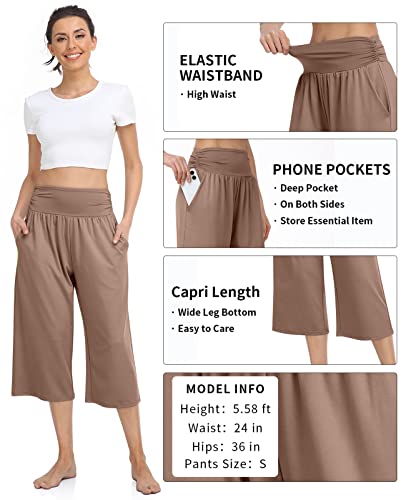 Tarse Women's Summer High Waisted Capri Pants Plus Size Casual Wide Leg Yoga Pants Loose Soft Pajamas With Pockets Sweatpants(Lightcoffee,Xxxl 3Xl) #TOP4