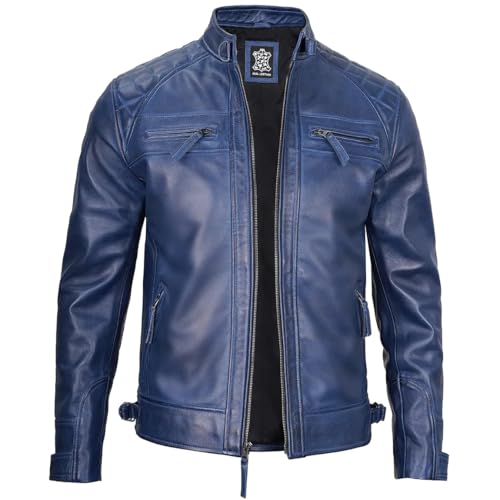 JACKETHUB Men's Genuine Lambskin Leather Biker Jacket | Premium Vintage Café Racer Motorcycle Jacket | Motorcycle Jacket (US, Alpha, 4X-Large, Regular, Regular, Blue)